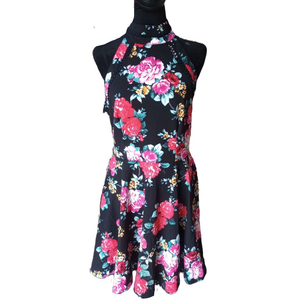 B. Darlin Women's 11/12 Floral Halter Top Fit & Flare Mini Dress, Vtg